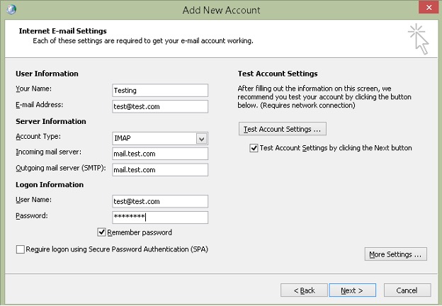 IMAP email account configuration in Outlook